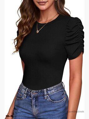 Puff Sleeve Short Sleeve Crew Neck Rib Knit Fitted T Shirt